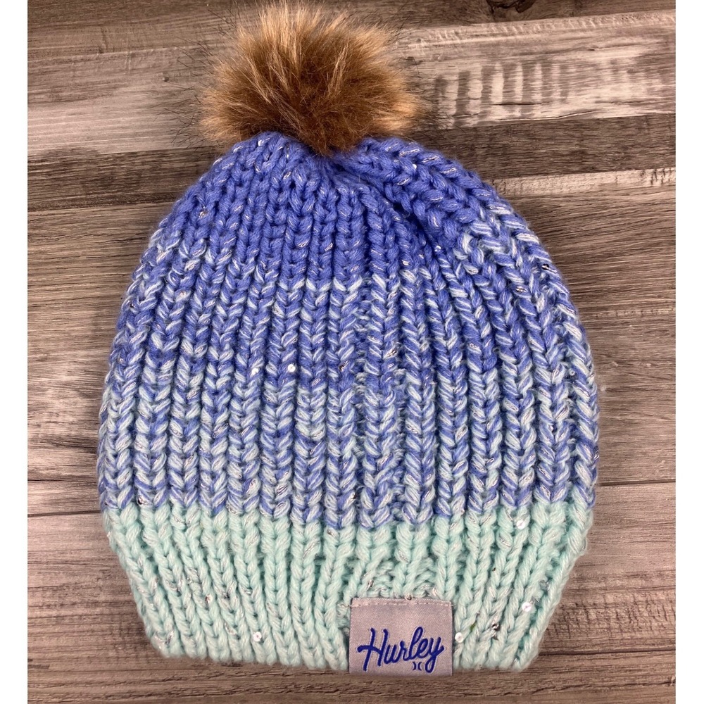 Hurley Youth Knit Beanie Blue Mint Green Ombre Sequin Faux Fur Pom Hat